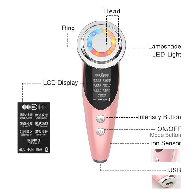 Radiofrecuencia Masajeador Facial con Micro Corriente y Luz LED